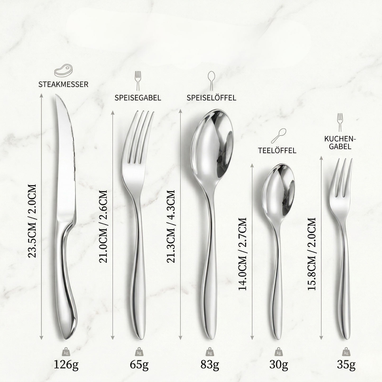 Edelstahl Besteckset Silber mit Maßen – 30-teiliges Set für 6 Personen, hochwertiges modernes Design mit Gewichtsangaben