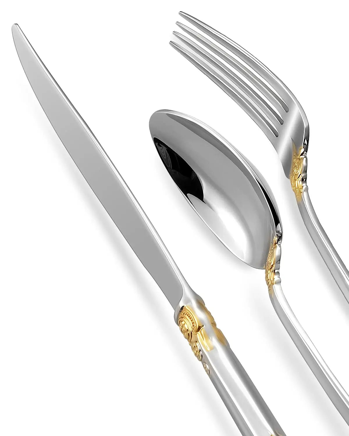 Detailaufnahme Edelstahl Besteckset Gold Silber Barock Design hochwertig und elegant