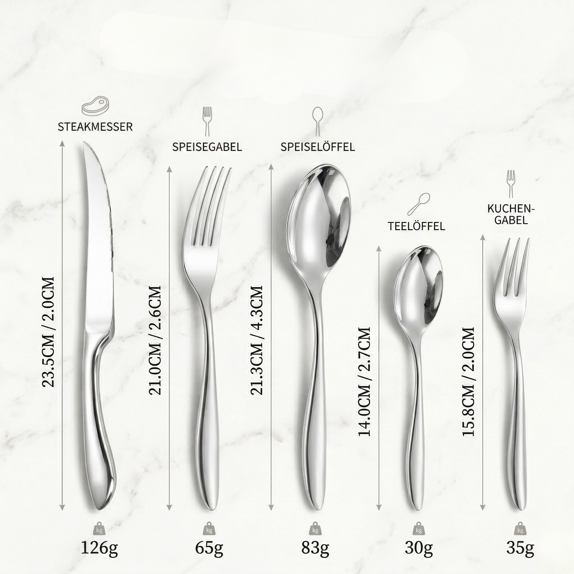 Edelstahl Besteckset Silber mit Maßen – 30-teiliges Set für 6 Personen, hochwertiges modernes Design mit Gewichtsangaben
