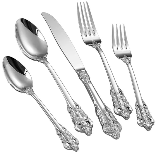 Silbernes Besteckset komplett 30 teilig für 6 Personen Edelstahl Barock Design elegant