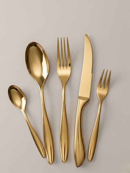 Goldenes Besteckset Edelstahl 18/10 – Messer, Gabel, Löffel und Teelöffel im Hochglanz Luxus Design für 6 Personen