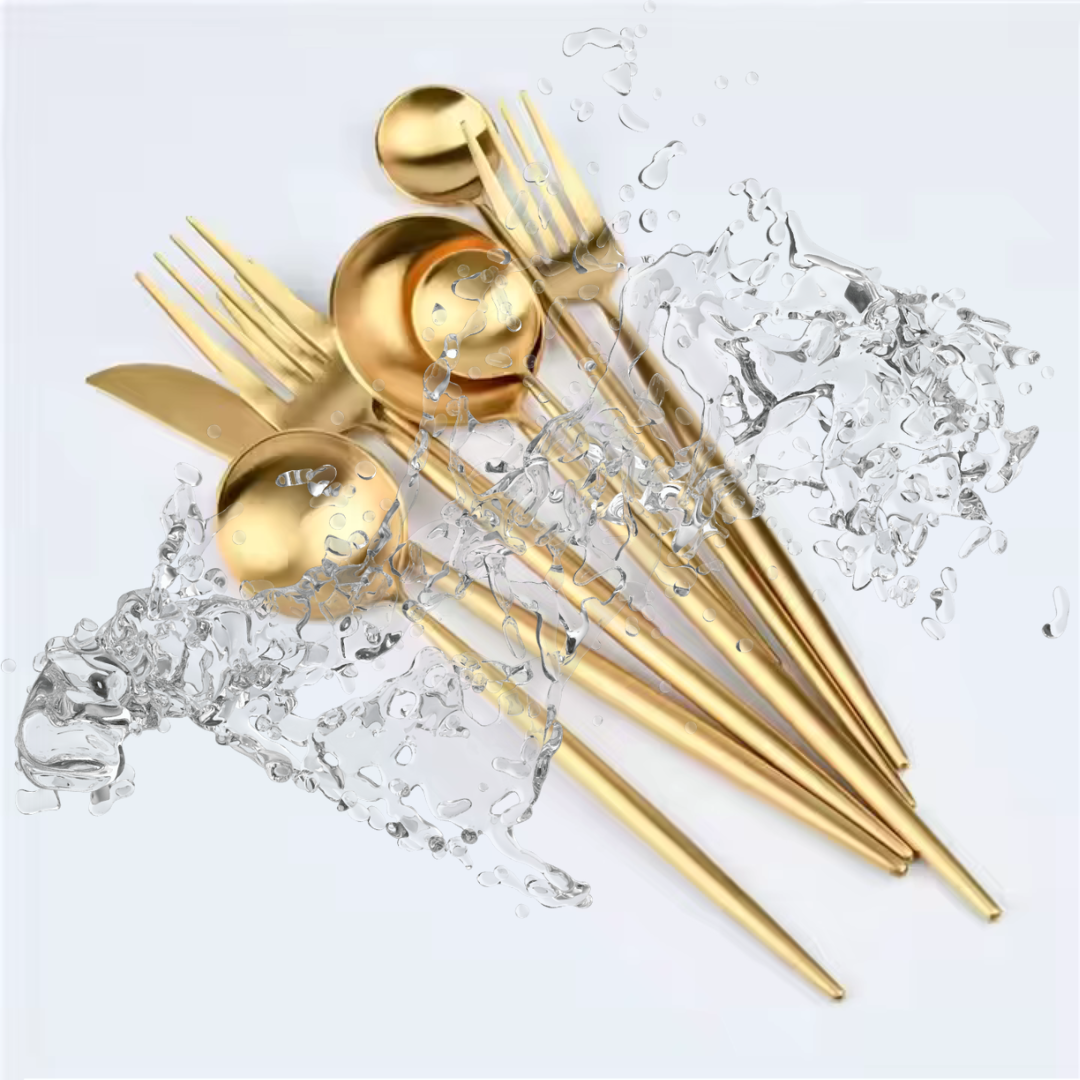 Luxus Besteckset in Gold modernes Curve Design aus Edelstahl 18/10 elegant arrangiert
