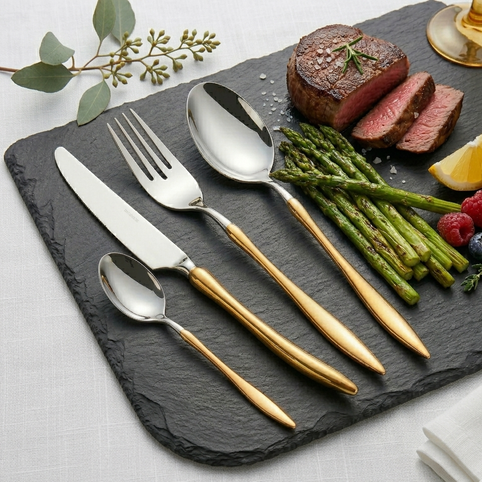 Velora Besteckset Gold Silber auf gedecktem Tisch mit Steak und modernem Design