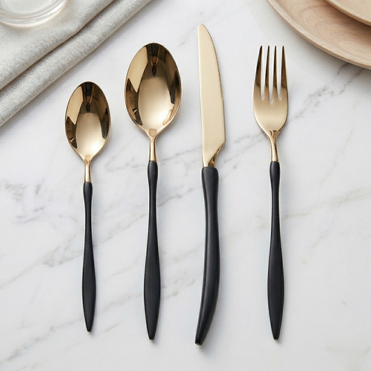 Velora Besteckset Schwarz Gold 24-teilig Edelstahl Messer Gabel Löffel Set